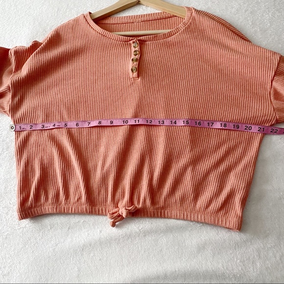 Pink Ribbed Cropped Waist Henley Top - Picture 6 of 8